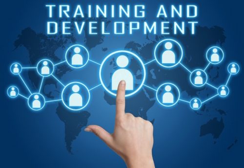 Image of Training and Development concept with hand pressing social icons
